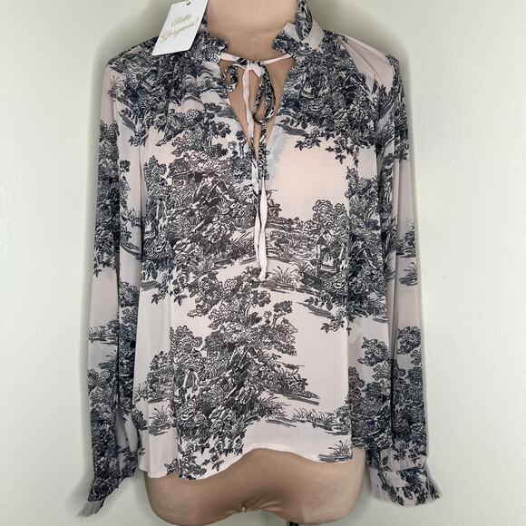 Elan Peasant Top Small Womens Toile Novelty Blouson Sleeve Sheer Ruffle New Chic - Picture 1 of 9